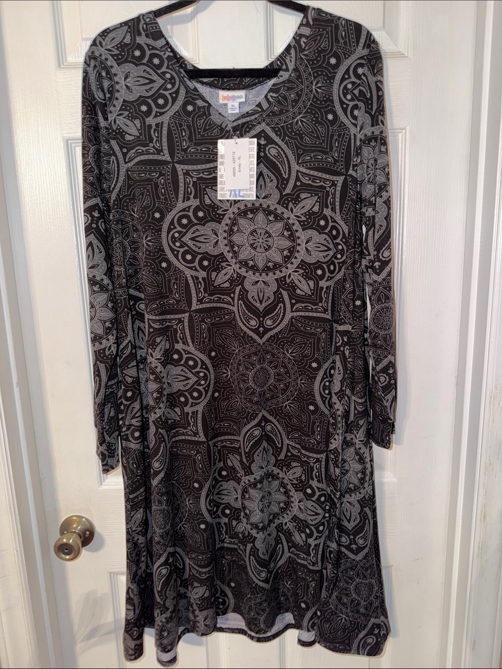LuLaRoe Emily dress, Black background, Gray Mandela pattern, Large, NEW